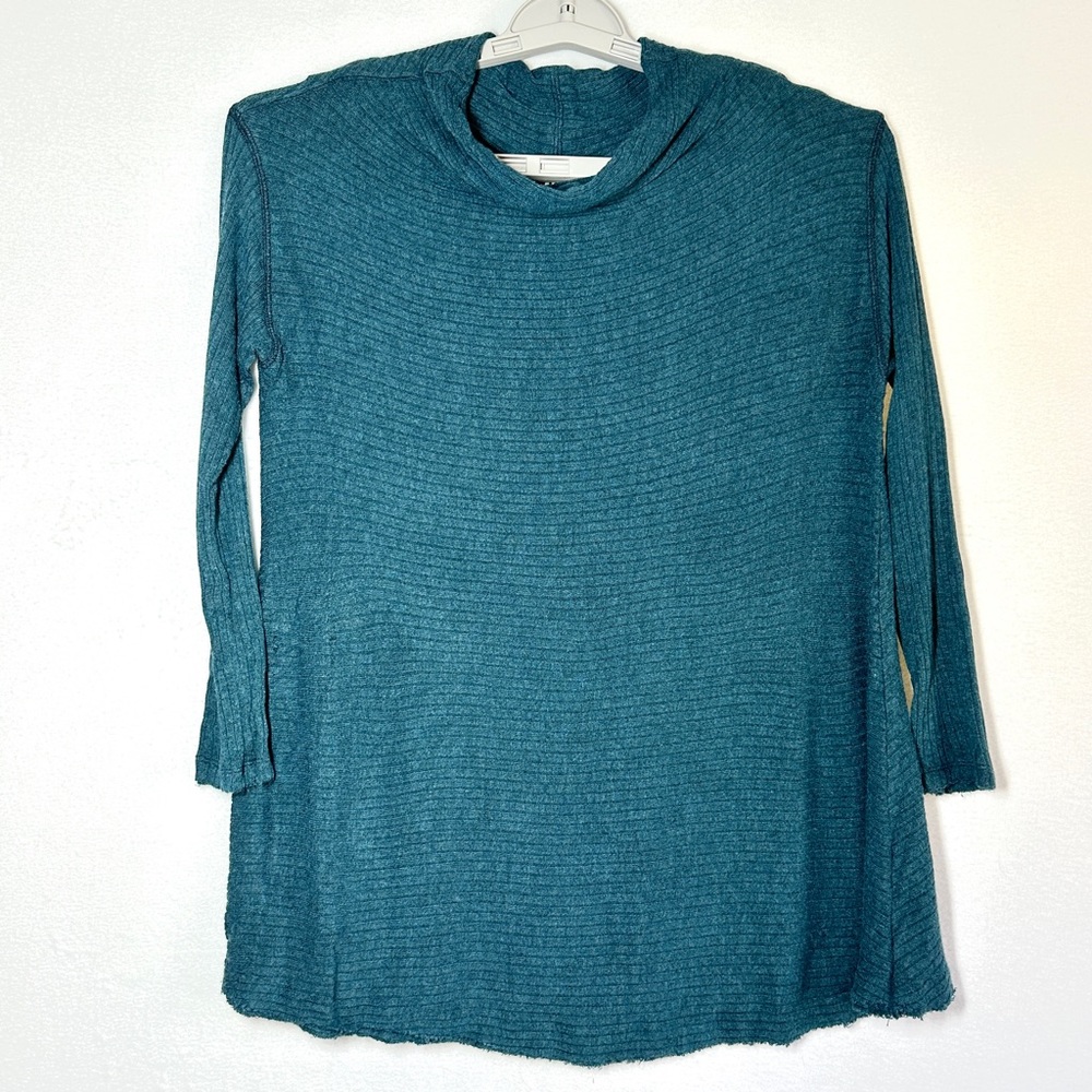 Free People We The Free Open Back Top M Mock Neck Rough Hem Teal Blue Pullover